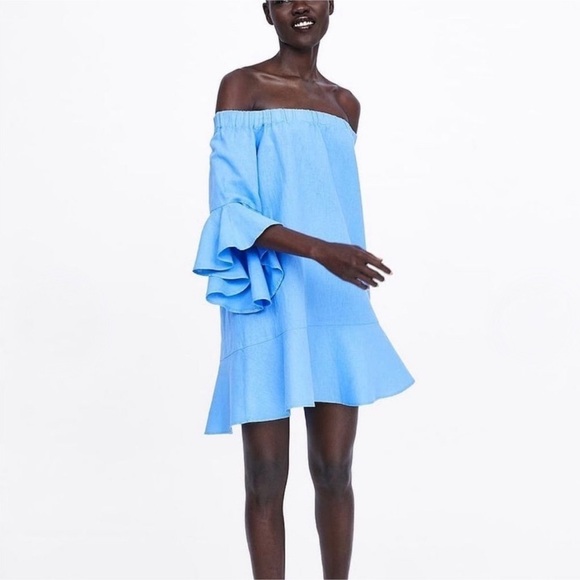 Zara Dresses & Skirts - 𝅺ZARA linen blend bell sleeve off shoulder ruffle dress